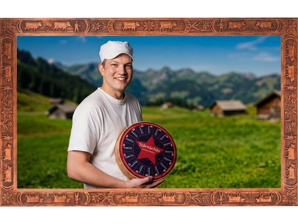 Ein lächelnder Mann hält einen runden Käse in einer Berglandschaft mit Holzhütten.