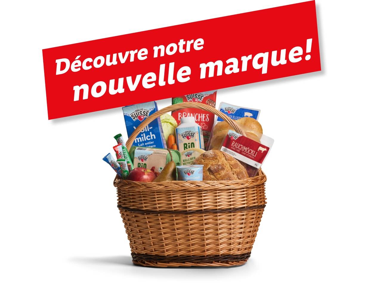 Un panier de produits Suisses, dont du lait, du pain et des saucissons, annonce une nouvelle marque.