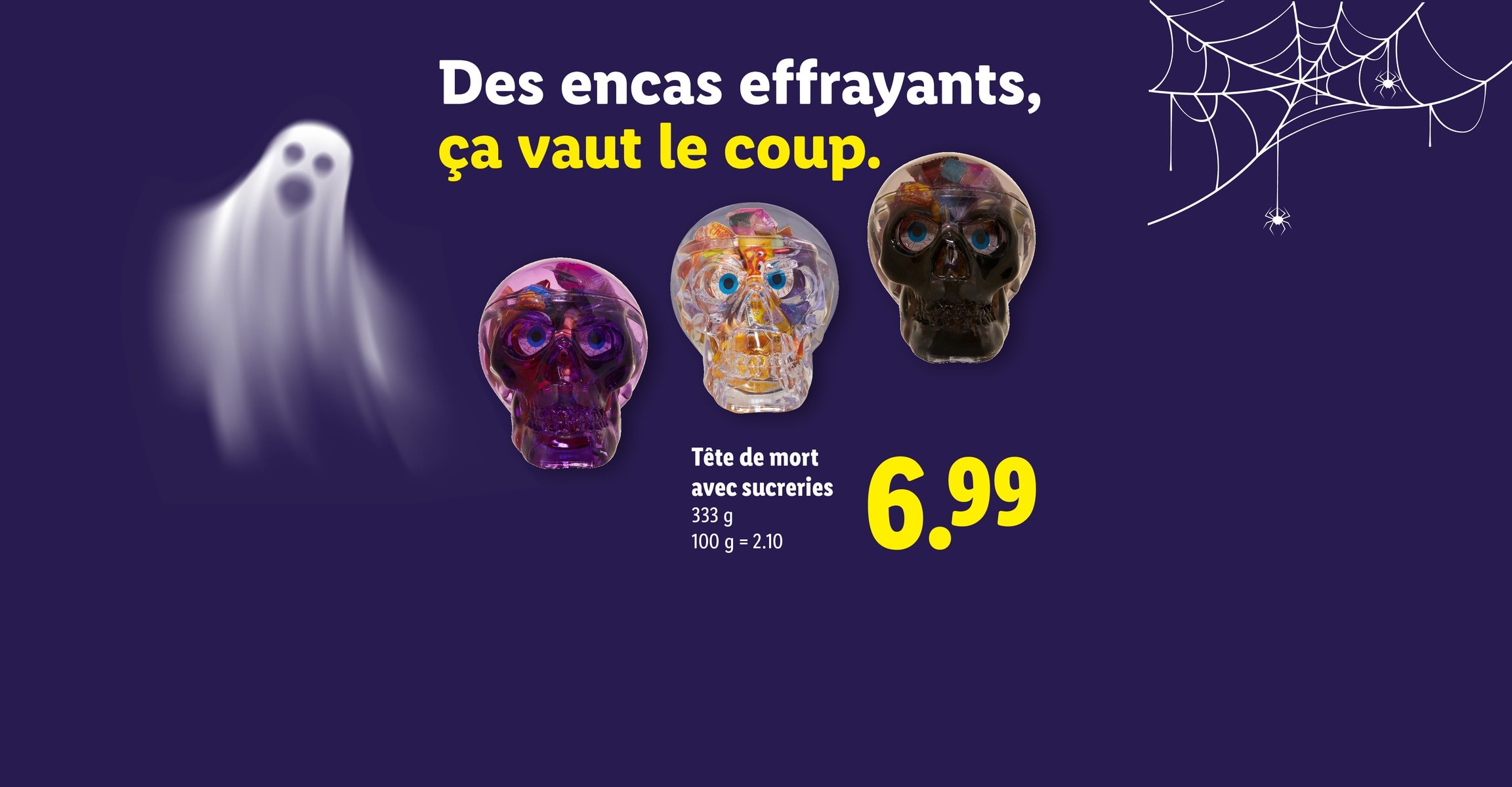 Des encas effrayants, ça vaut le coup. Tête de mort avec sucreries 333 g 100 g = 2.10 CHF 6.99