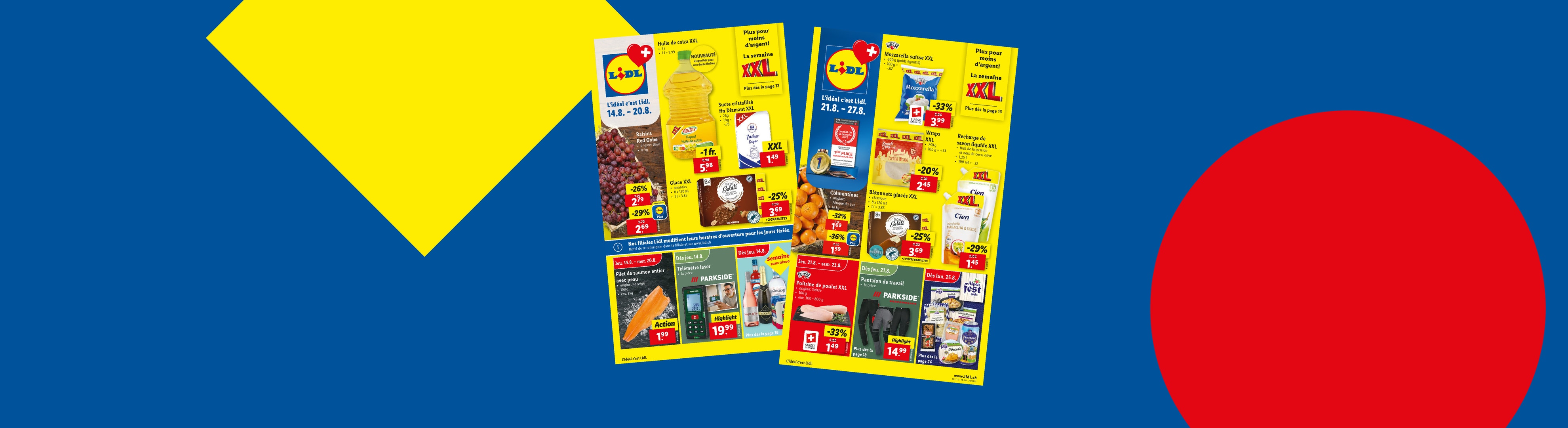 Publicité Lidl avec des offres sur les produits alimentaires et ménagers.