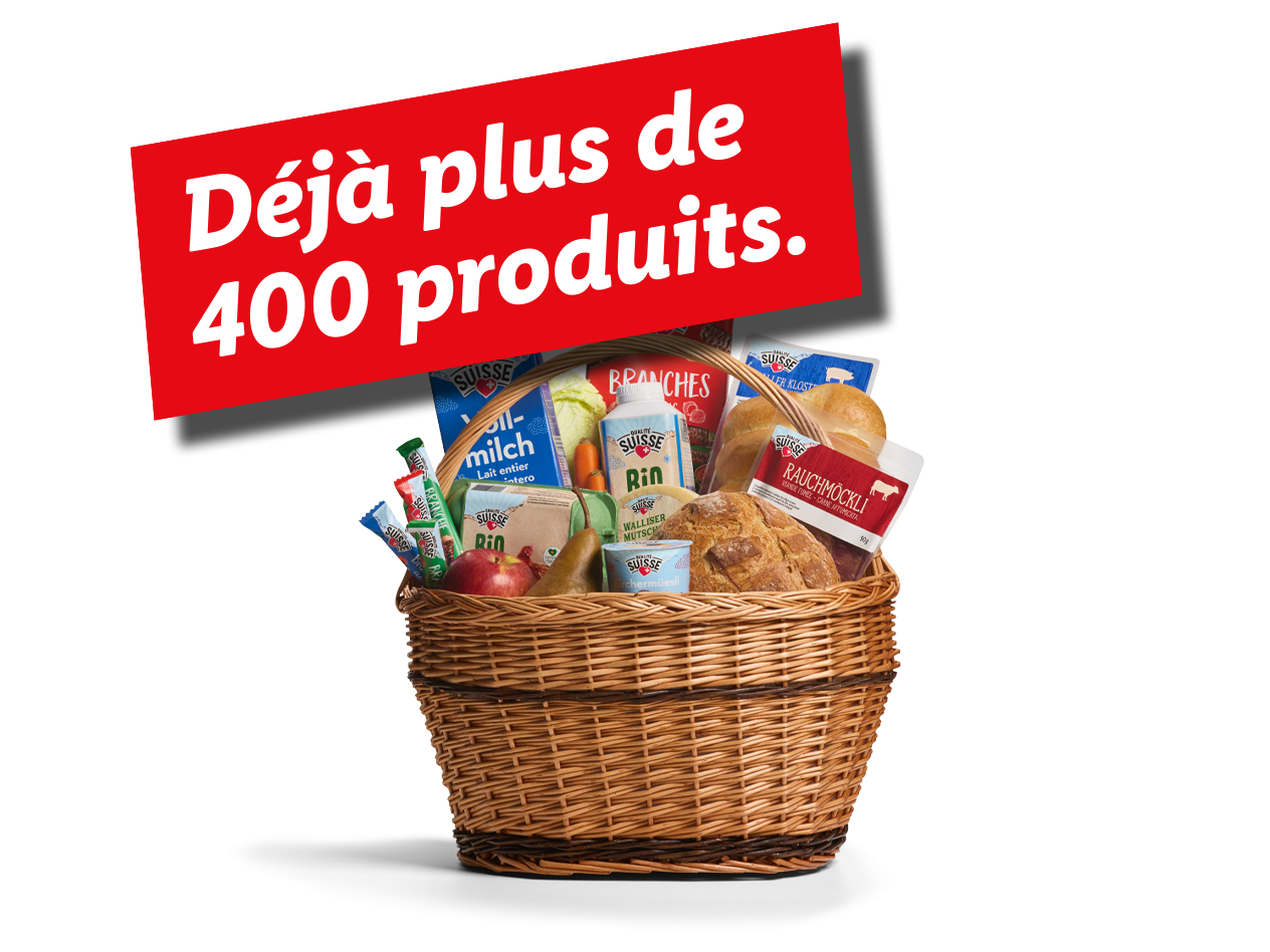 Un panier rempli de plus de 400 produits alimentaires variés, incluant lait, pain, fruits et légumes.
