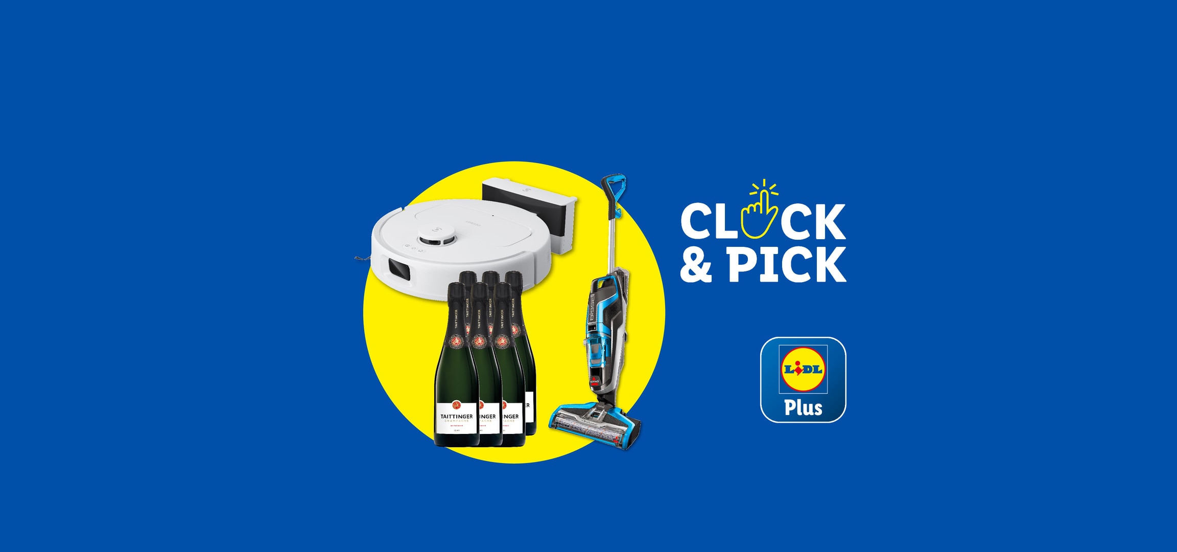 Aspirateur robot, aspirateur balai, et bouteilles de champagne Taittinger sur fond bleu et jaune.