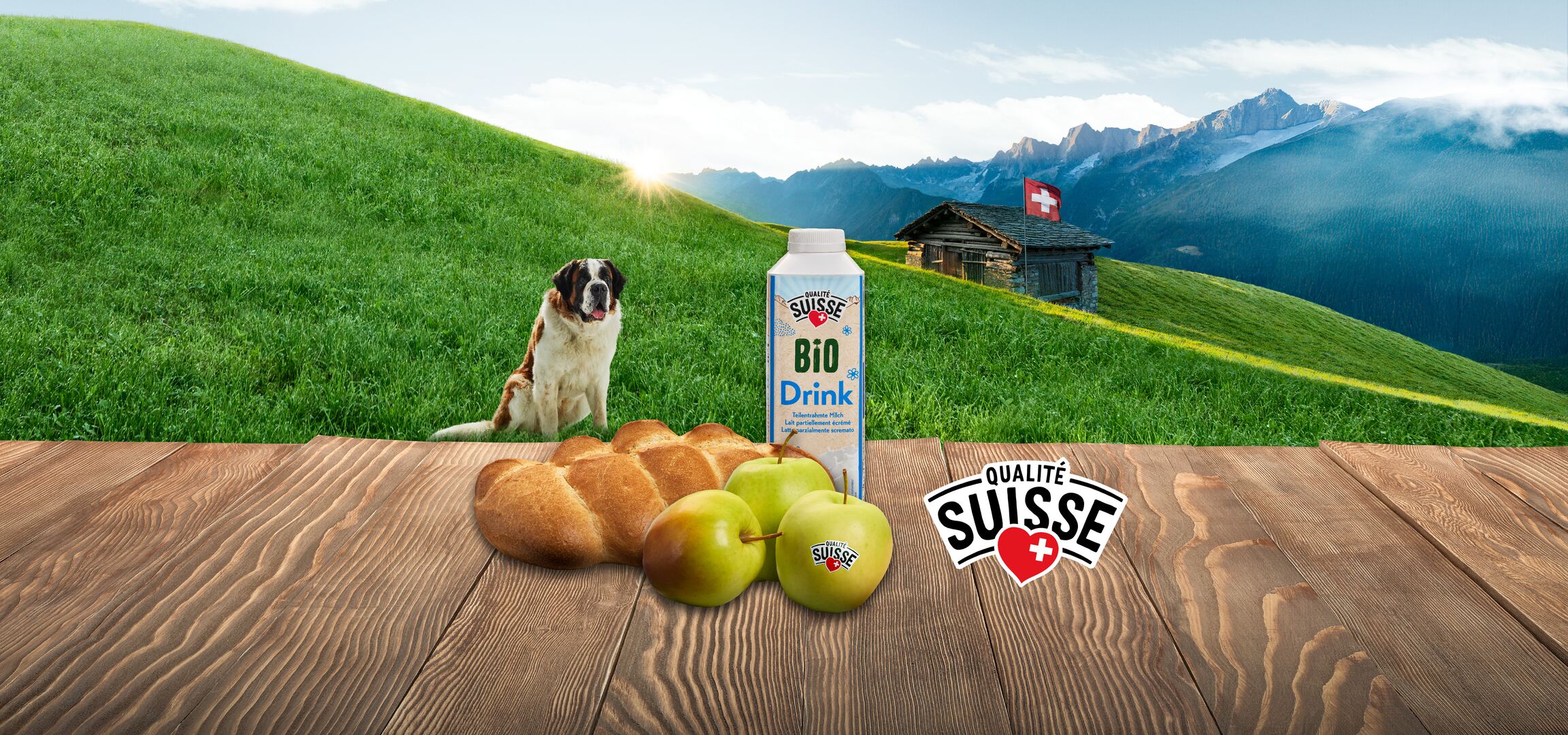 Produits bio suisses : pain, œufs, boisson et pommes, avec un chien Saint-Bernard.