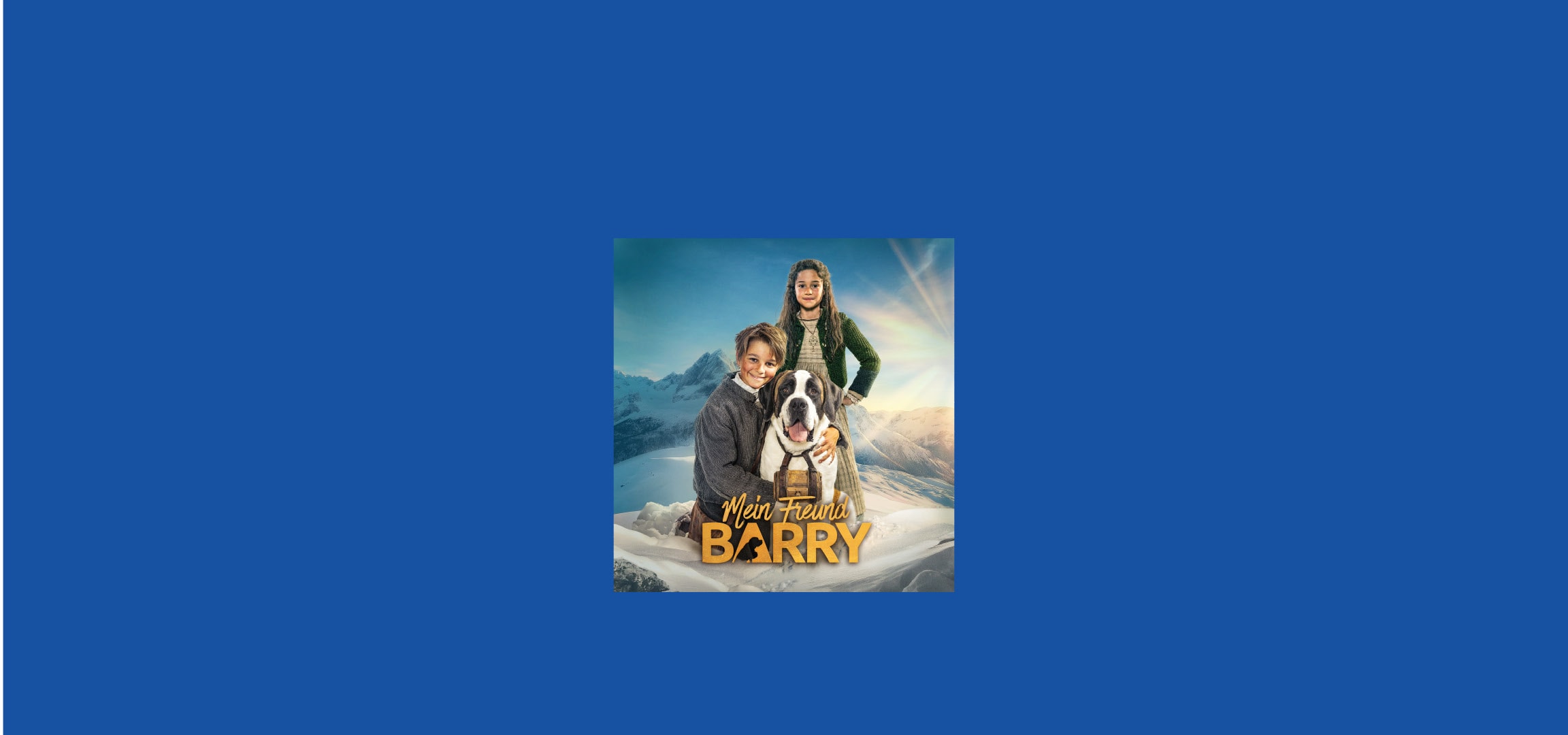 Affiche de film 'Mein Freund Barry' avec deux enfants et un chien Saint-Bernard dans la neige.