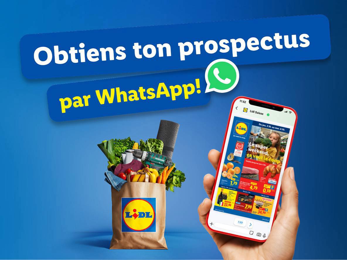 Publicité Lidl pour recevoir le prospectus via WhatsApp, avec un sac de courses et un smartphone.