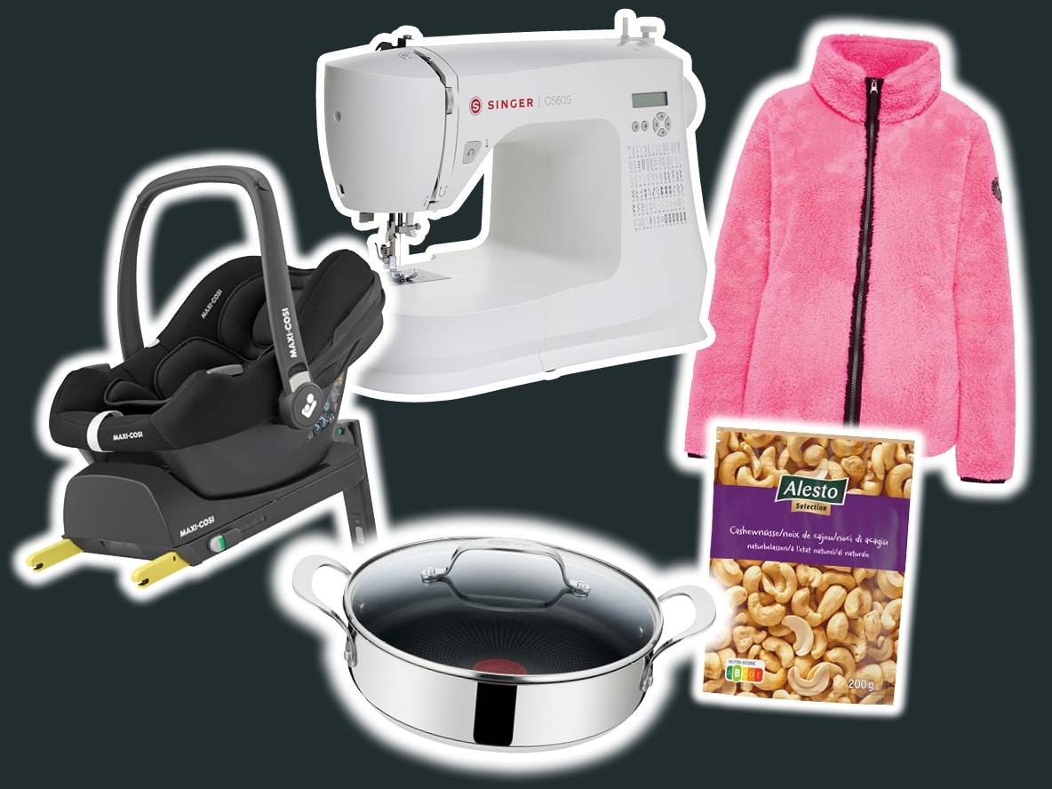Siège auto Maxi-Cosi, machine à coudre Singer, veste polaire rose, poêle et noix de cajou Alesto.