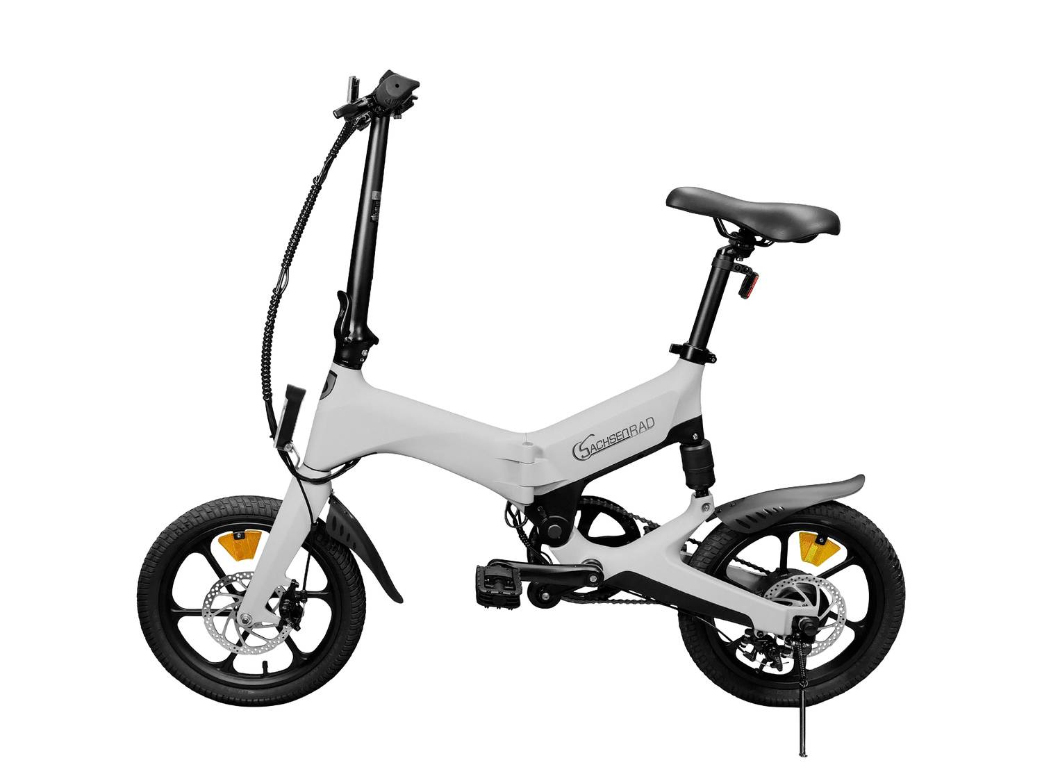 Bicicletta elettrica pieghevole bianca con logo sul telaio