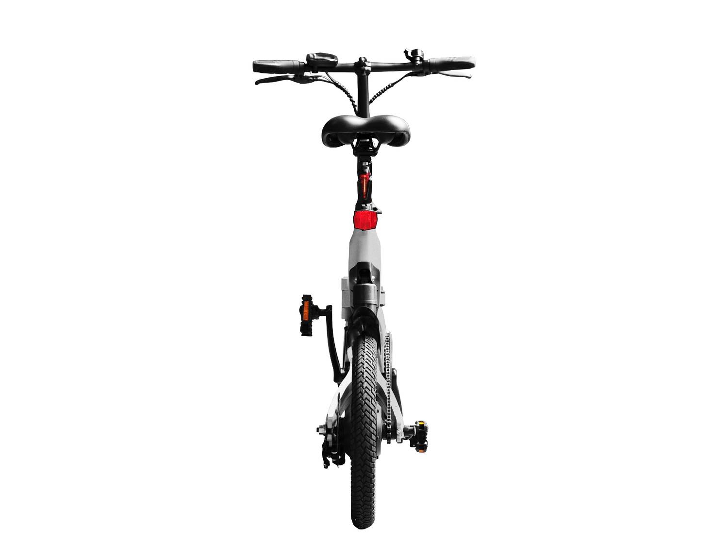 Vista posteriore di una bici elettrica pieghevole bianca con sella e manubrio neri.