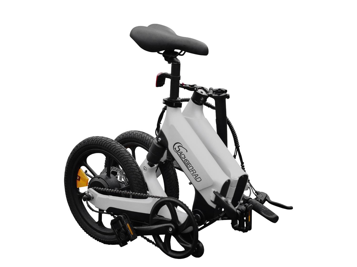 Bicicletta elettrica pieghevole bianca con dettagli neri, vista lateralmente.