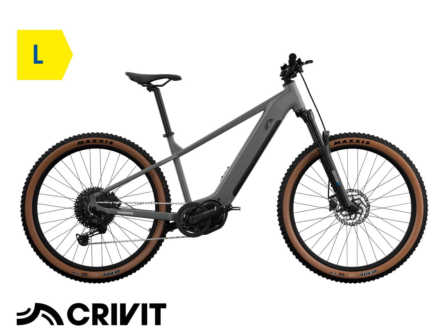 Mountain bike elettrica grigia con pneumatici marroni, taglia L