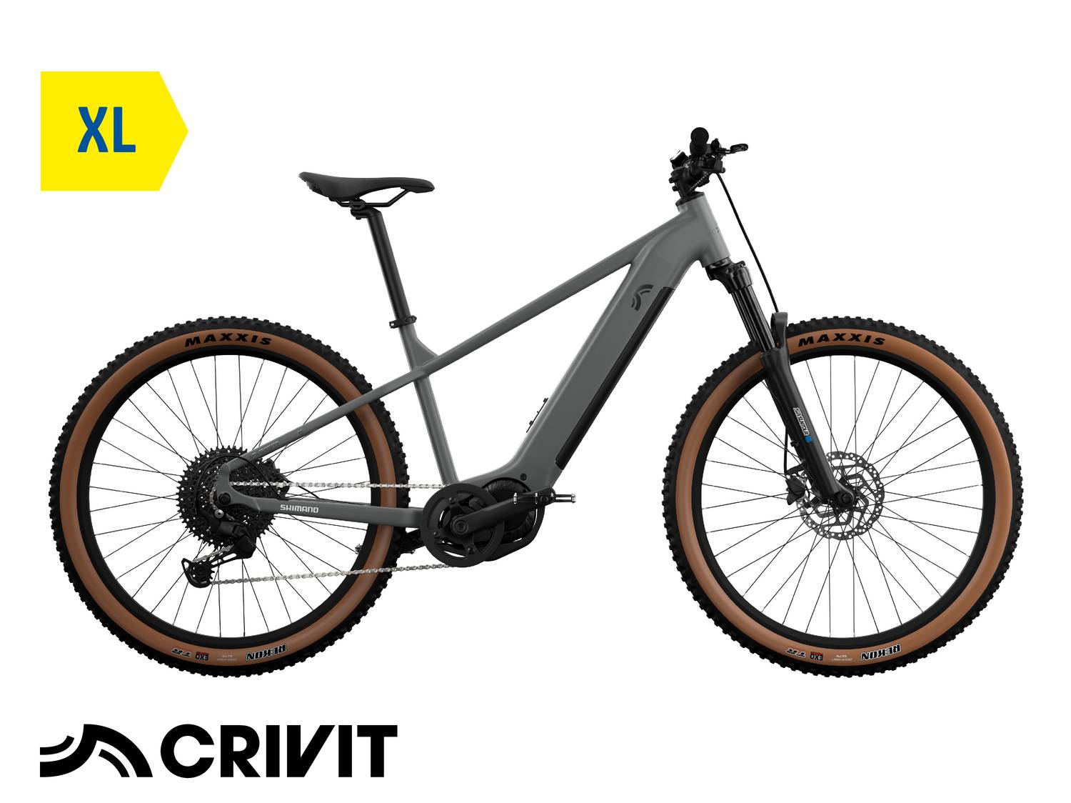 Bicicletta elettrica da montagna grigia taglia XL con pneumatici marroni e logo Crivit.