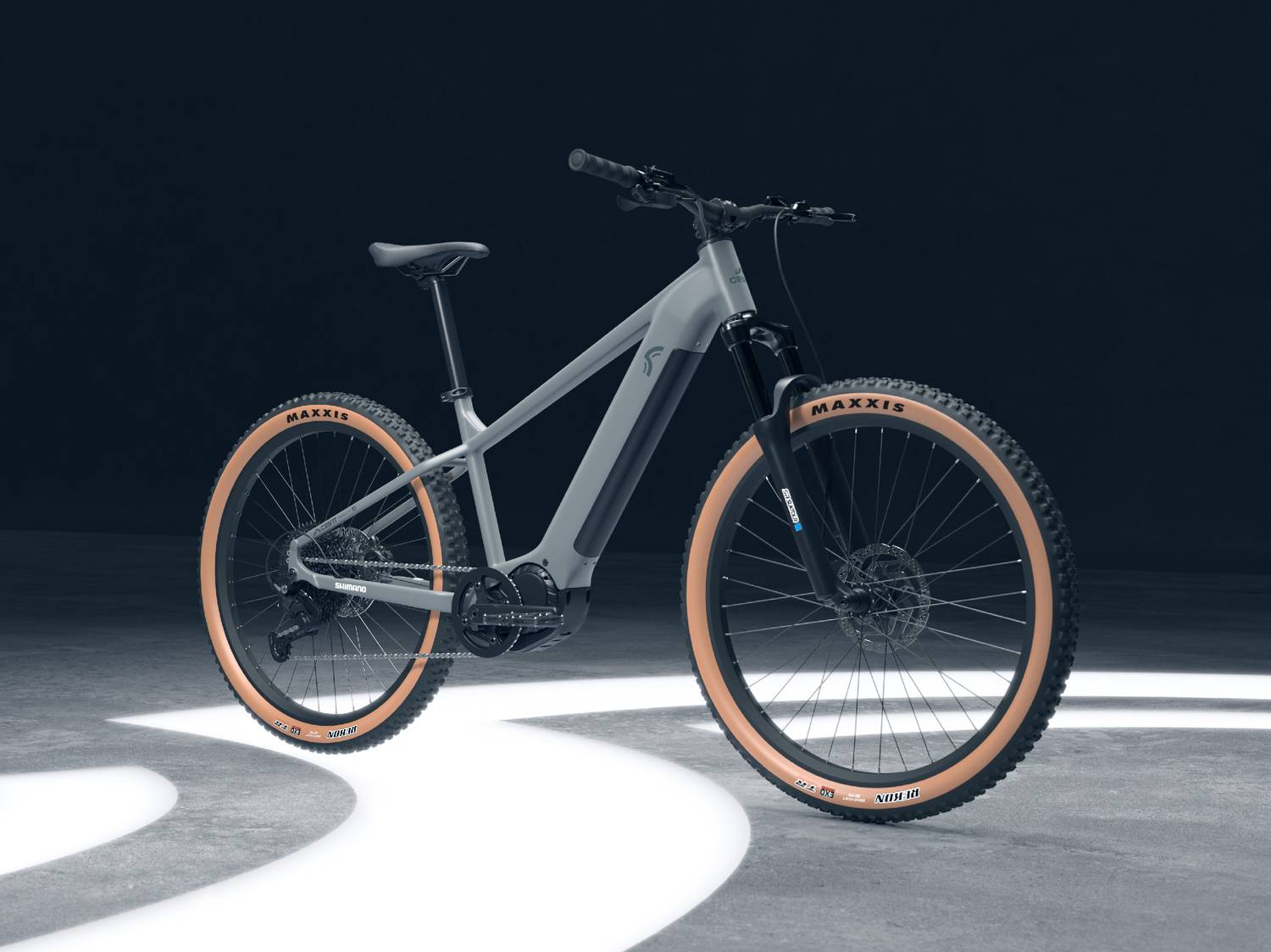 Mountain bike elettrica grigia con pneumatici a fianco beige su sfondo scuro con luci a terra.