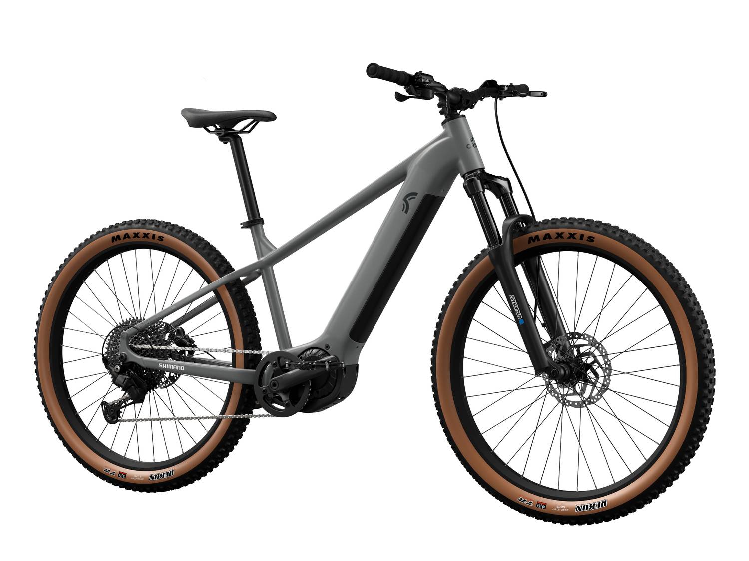 Mountain bike elettrica grigia con pneumatici marroni e sospensione anteriore.