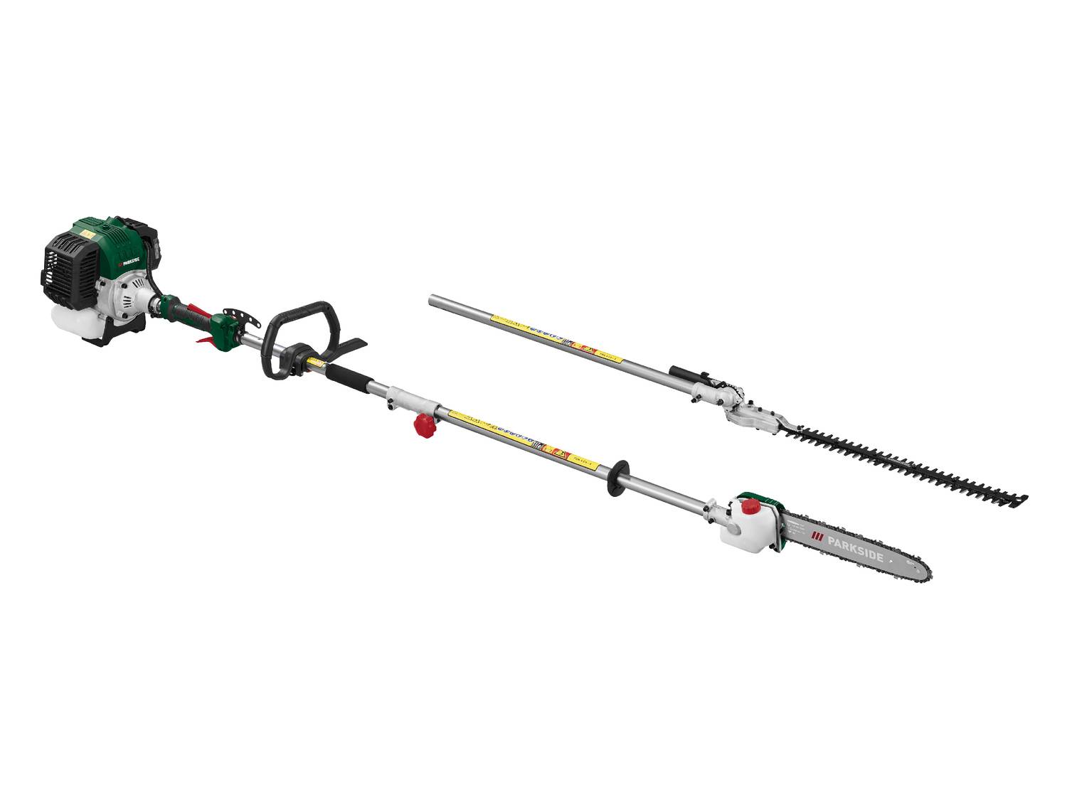 Decespugliatore a benzina multifunzione con accessori per tagliasiepi e motosega.