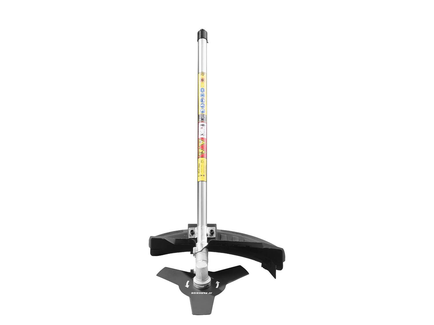 Decespugliatore con lama a tre denti e protezione, su sfondo bianco.