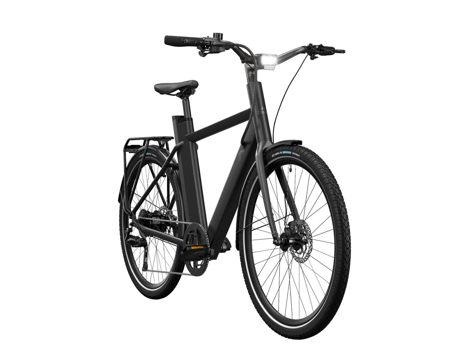 Bicicletta elettrica nera con portapacchi posteriore e luce anteriore, su sfondo bianco.