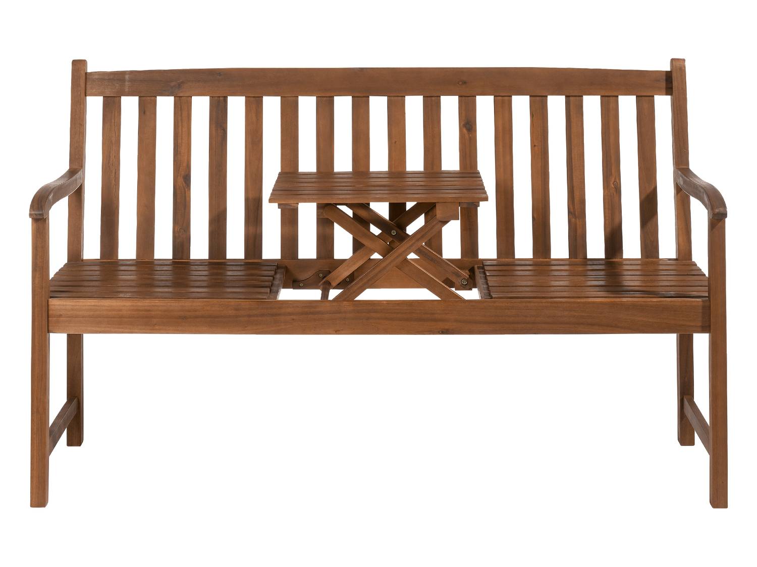 Panca da giardino in legno con tavolino pieghevole integrato