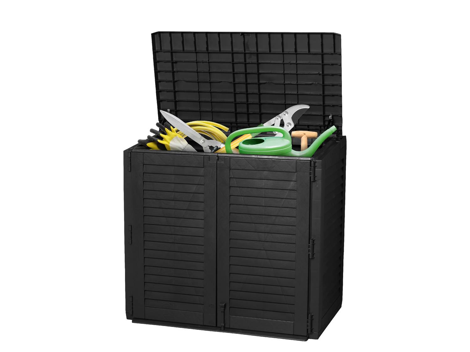 Armadio da giardino nero aperto con attrezzi da giardinaggio: guanti, forbici, annaffiatoio.