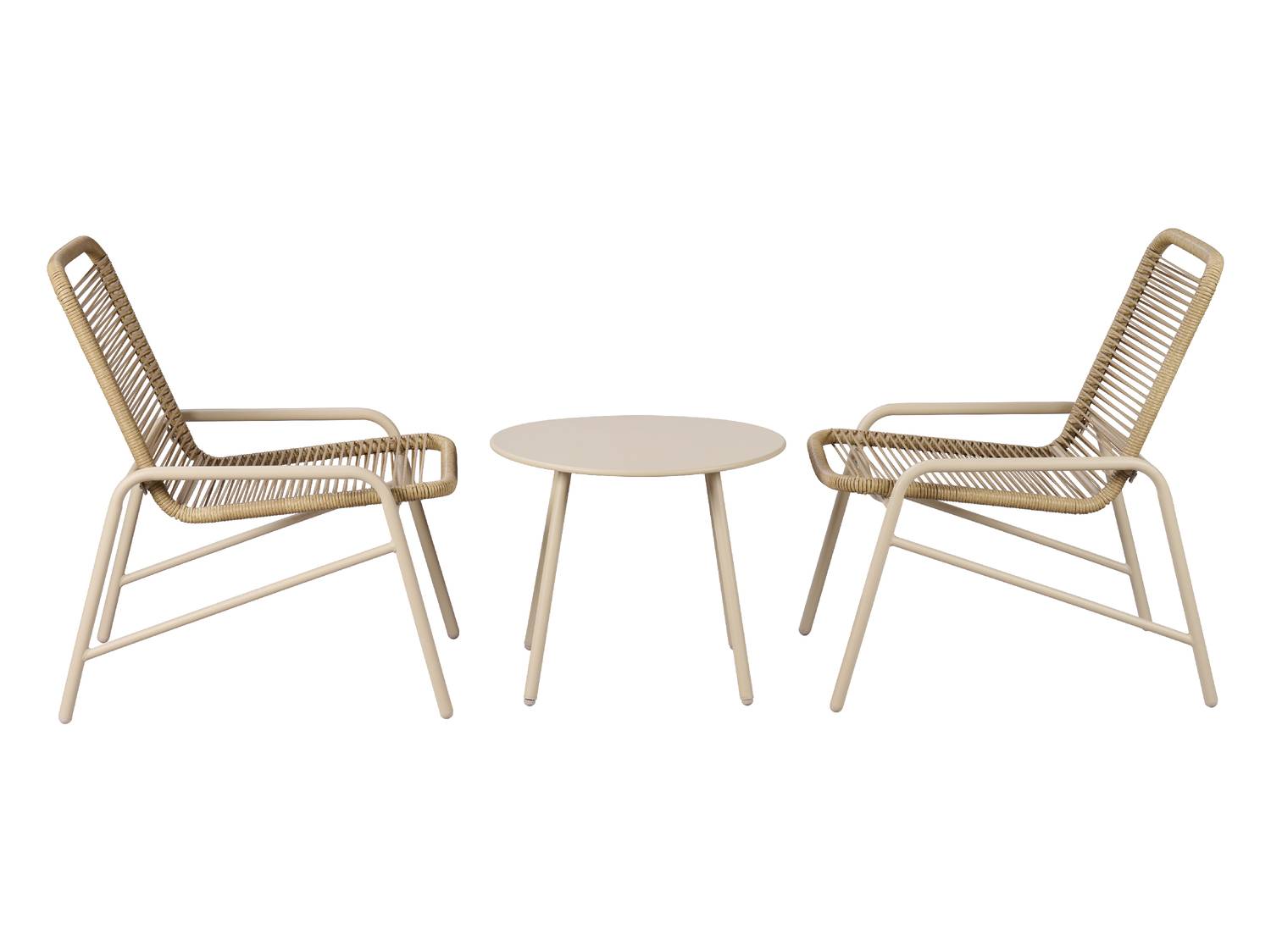 Set da bistrò con due sedie in rattan beige e un tavolo rotondo abbinato.