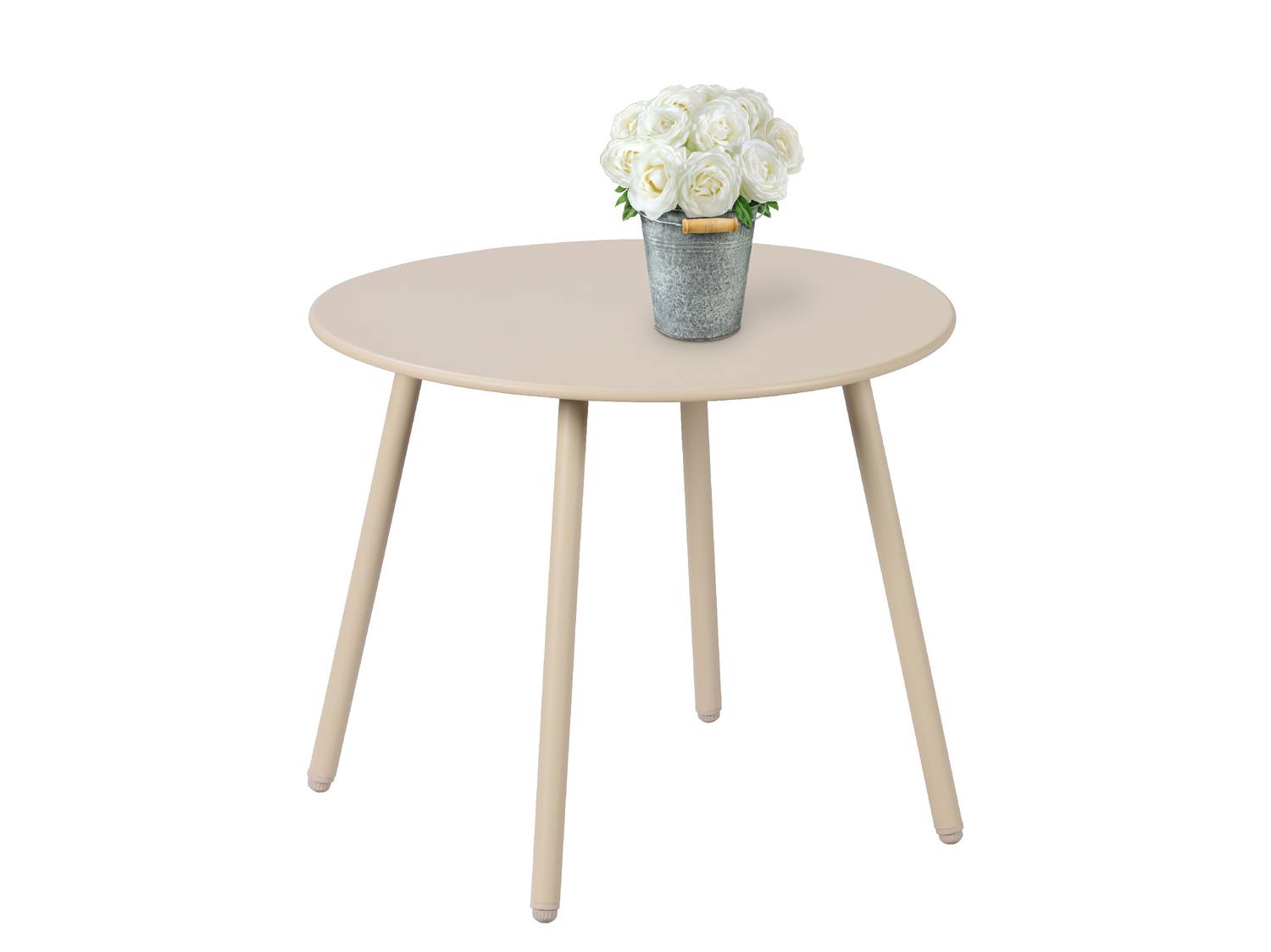 Tavolino rotondo beige con un secchiello di rose bianche artificiali