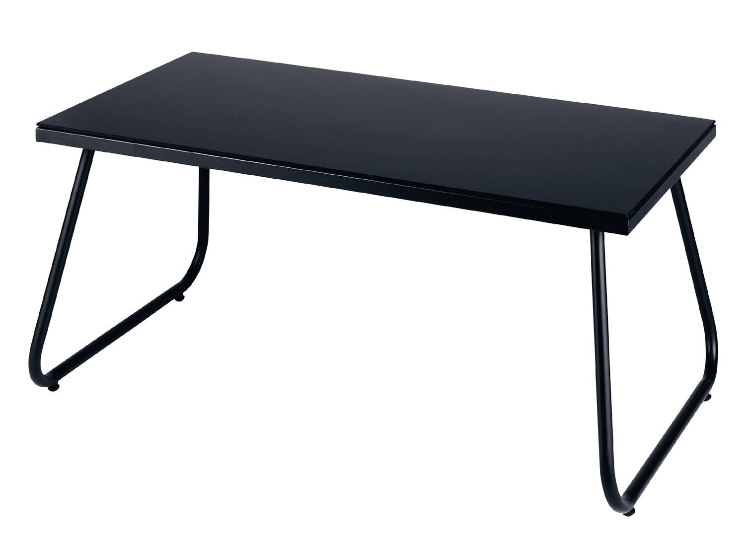 Rechteckiger schwarzer Couchtisch mit Glasplatte und gebogenen Metallbeinen.