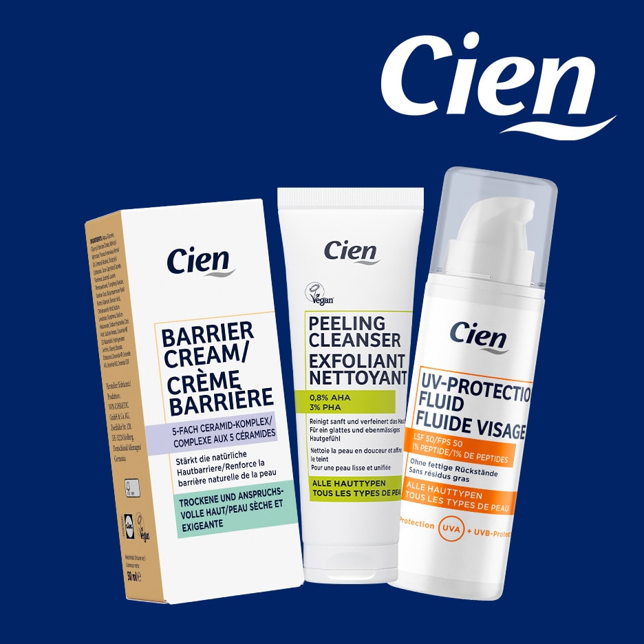 Drei Hautpflegeprodukte: Barriercreme, Peeling-Reiniger und UV-Schutzfluid.