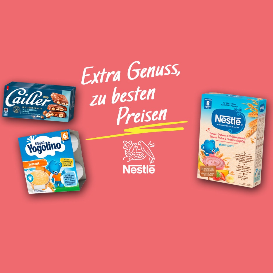 Schokoladenriegel, Joghurt und Getreidebrei mit dem Text 'Extra Genuss, zu besten Preisen'.