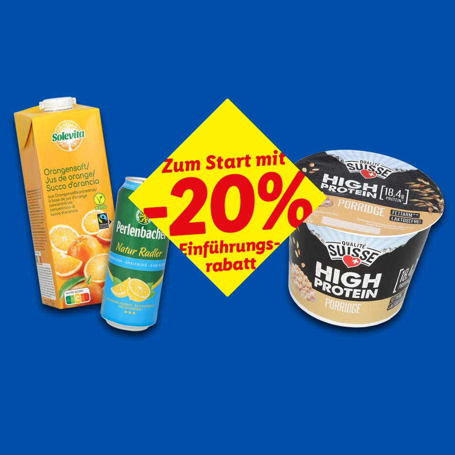 Orangensaft, alkoholfreies Zitronengetränk und Protein-Porridge mit 20% Rabatt.