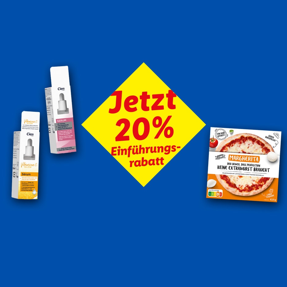 Zwei Seren und eine Pizza Margherita mit einem gelben Rabatt-Schild: „Jetzt 20% Einführungsrabatt“.