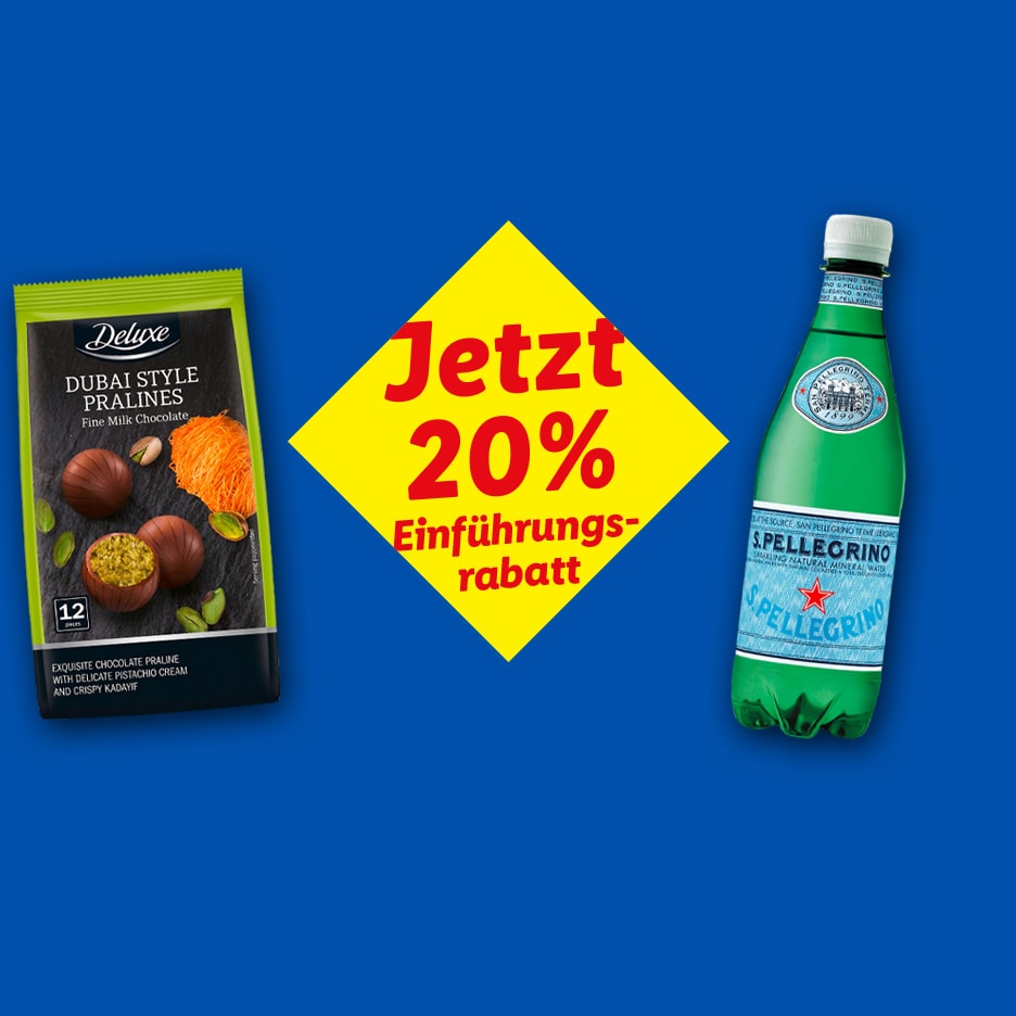Pralinen und Mineralwasser mit 20% Einführungsrabatt auf blauem Hintergrund.