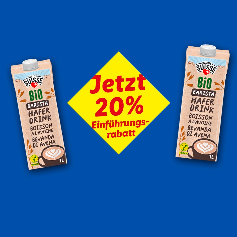 Zwei Packungen Bio-Haferdrink mit 20% Einführungsrabatt in einem gelben Diamanten.