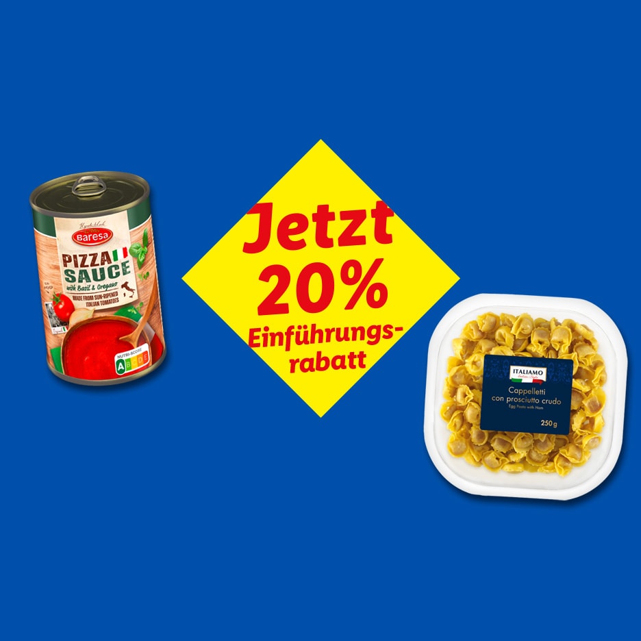 Pizzasauce und gefüllte Nudeln mit 20% Einführungsrabatt auf blauem Hintergrund.
