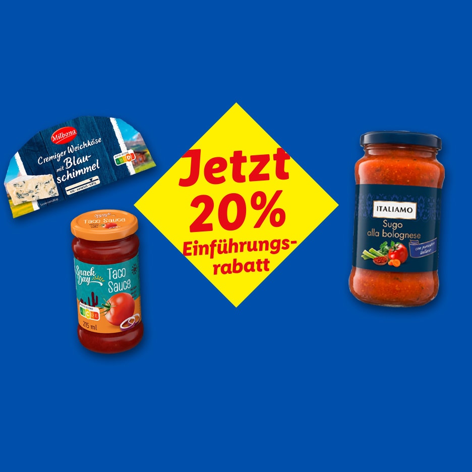 Blauschimmelkäse, Taco-Sauce und Bolognese-Sauce mit 20% Rabatt.