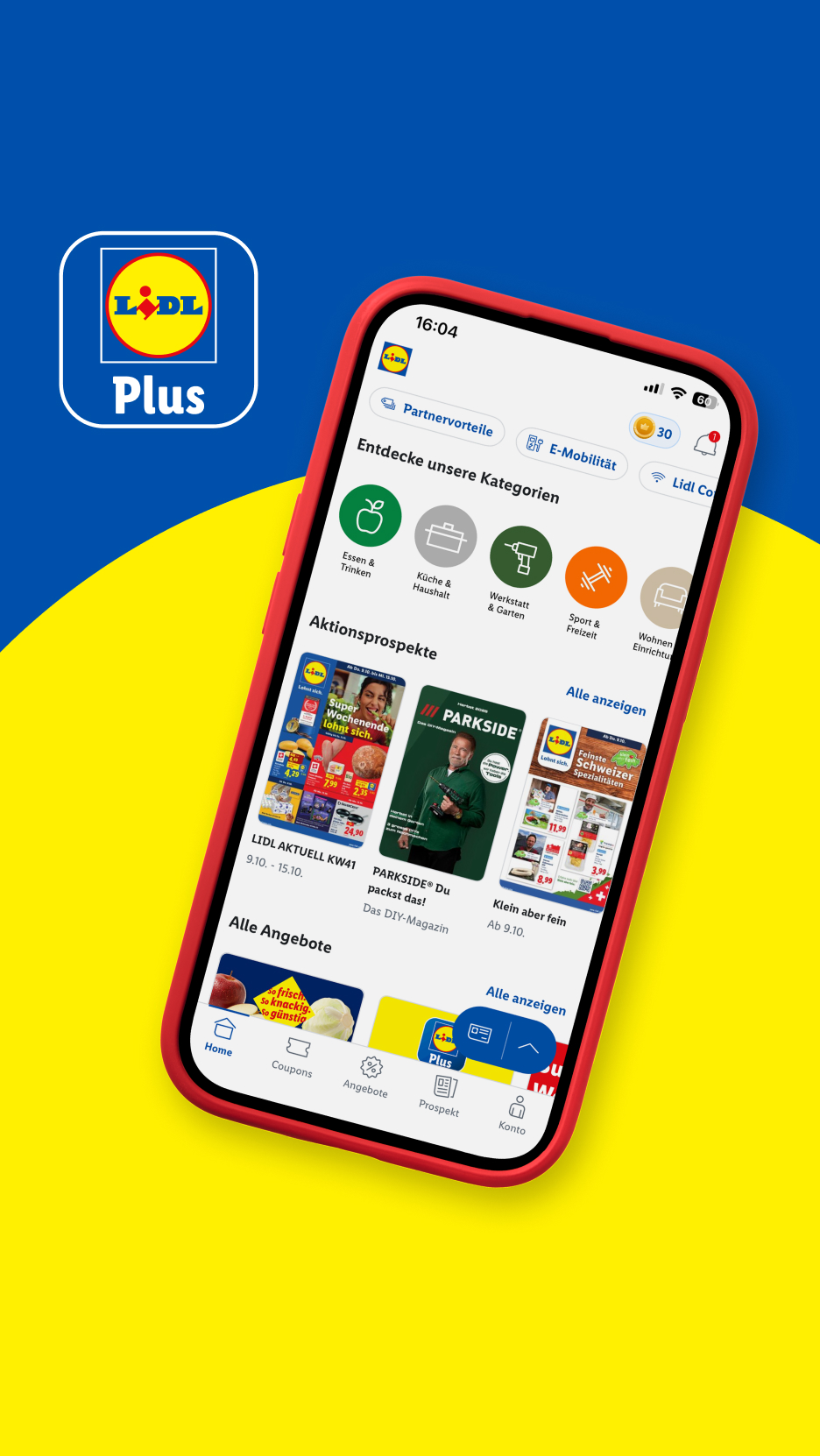 Lidl Plus App mit Angeboten für Lebensmittel, Haushalt und Heimwerkerbedarf.
