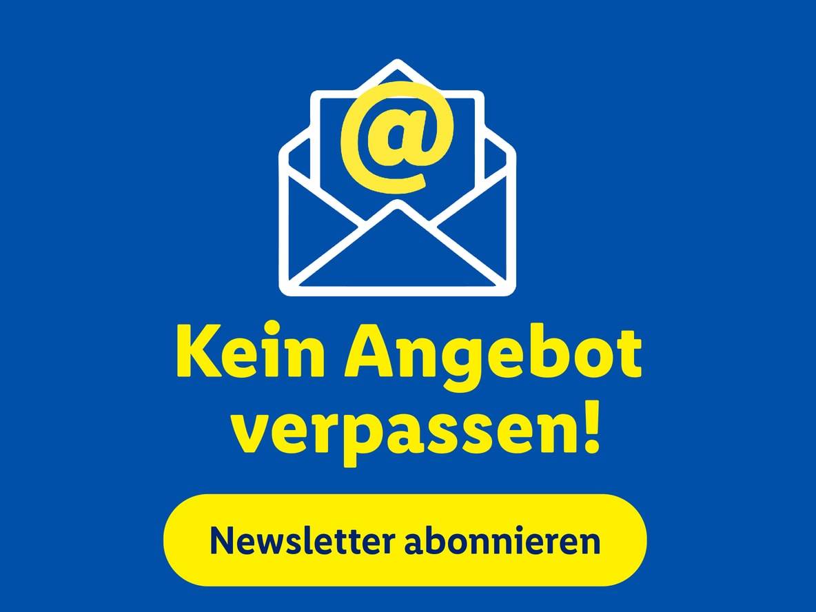 Ein Umschlag mit einem @-Zeichen und dem Text 'Kein Angebot verpassen! Newsletter abonnieren'.