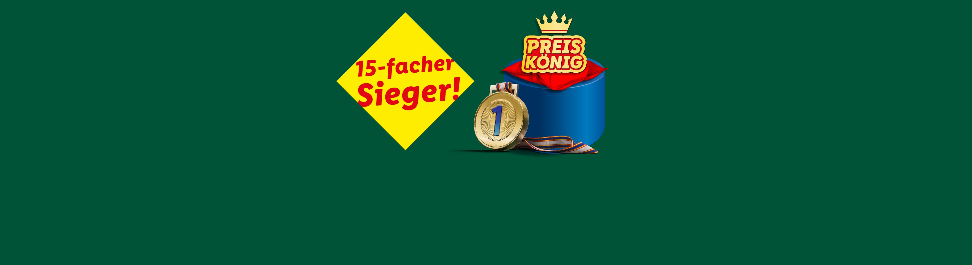 Gelbes Schild mit „15-facher Sieger!“ und goldene Medaille mit „1“ auf blauem Podest