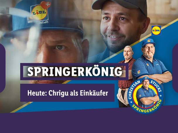 Lächelnder Mann mit Baseballkappe, Text „SPRINGERKÖNIG“ und „Heute: Chrigus als Einkäufer“.