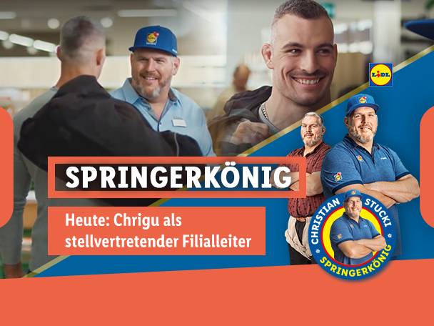 Ein lächelnder Mann in blauer Kappe und Polo, mit dem Text „SPRINGERKÖNIG“ und „Chrigu als stellvertretender Filialleiter“.