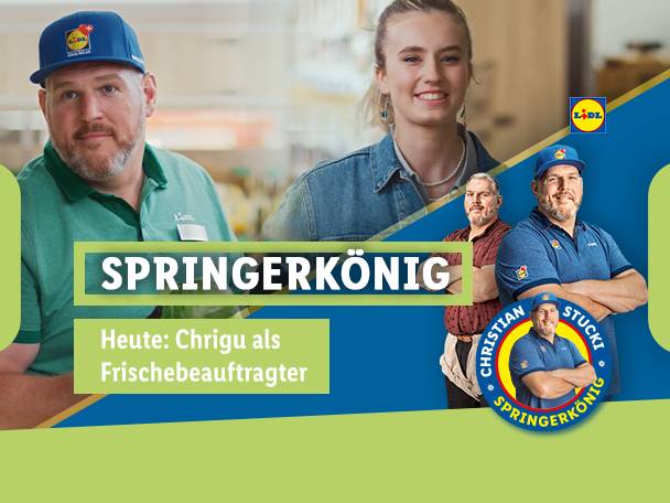 Bärtiger Mann mit Kappe und grünem Poloshirt, lächelnde Frau und Mann in blauem Poloshirt. Text: „Springerkoenig“
