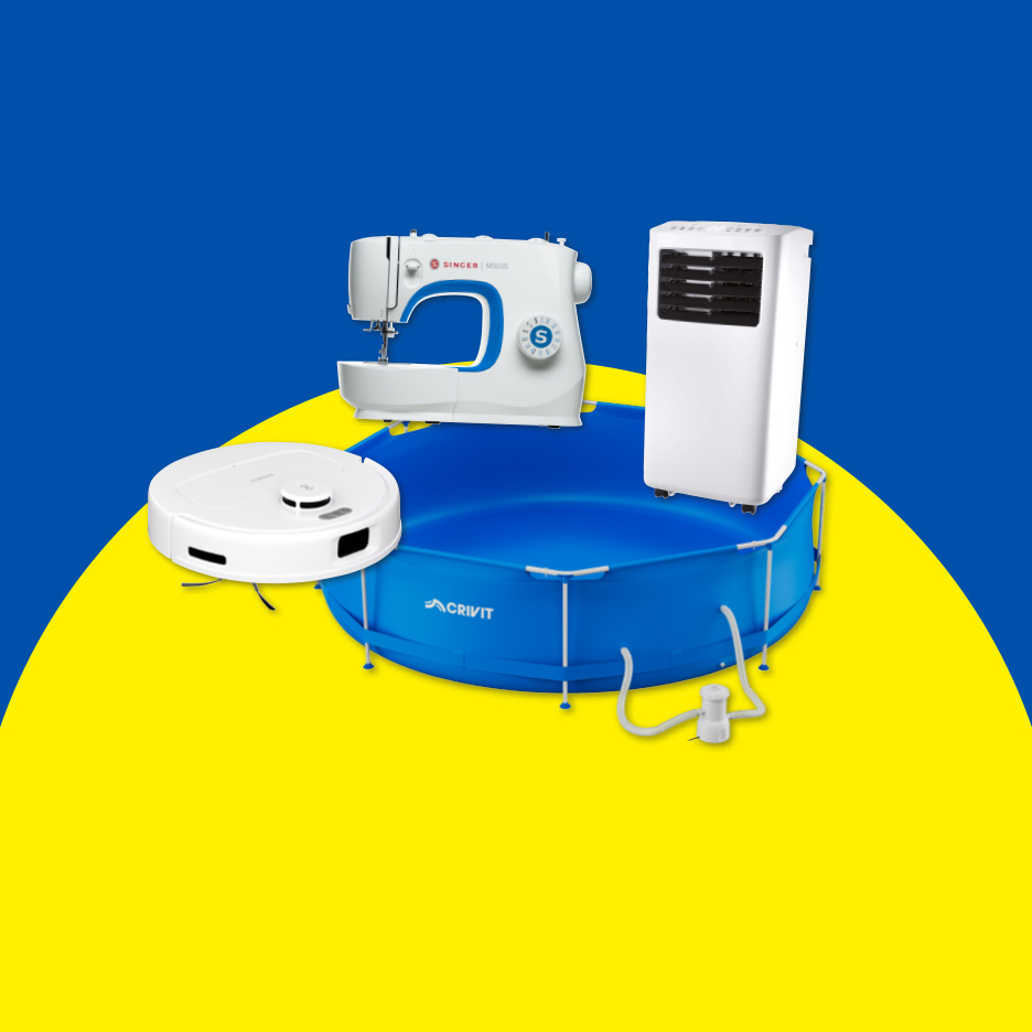 Nähmaschine, Saugroboter, mobiles Klimagerät und Aufstellpool auf blau-gelbem Hintergrund.