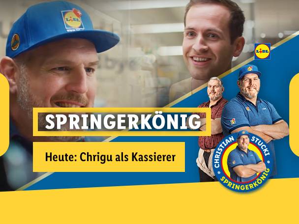 Lächelnde Männer in Ladenuniformen, mit dem Text „SPRINGERKÖNIG“ und „Heute: Chrigus als Kassierer“.
