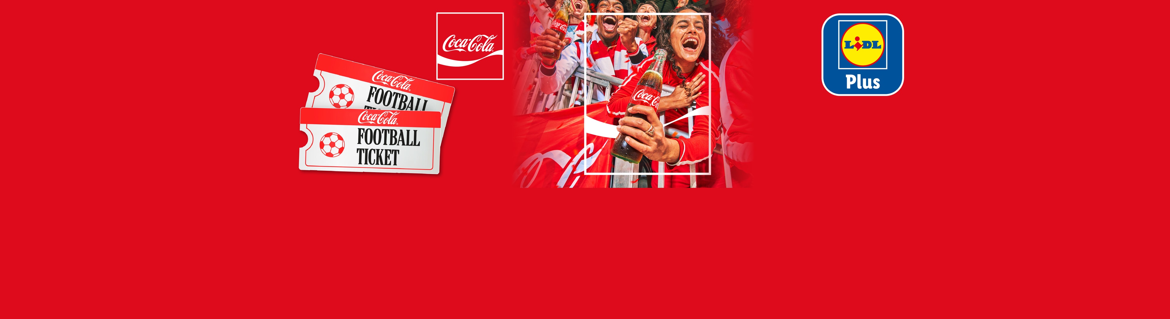 Fußballtickets und jubelnde Fans mit einem Getränk, auf rotem Hintergrund.