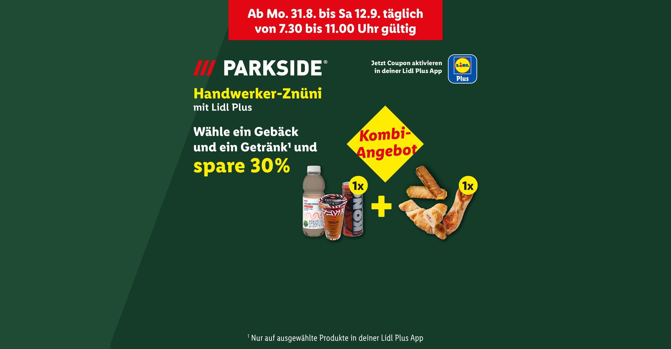 Kombi-Angebot: Wähle ein Gebäck und ein Getränk und spare 30% mit Lidl Plus.