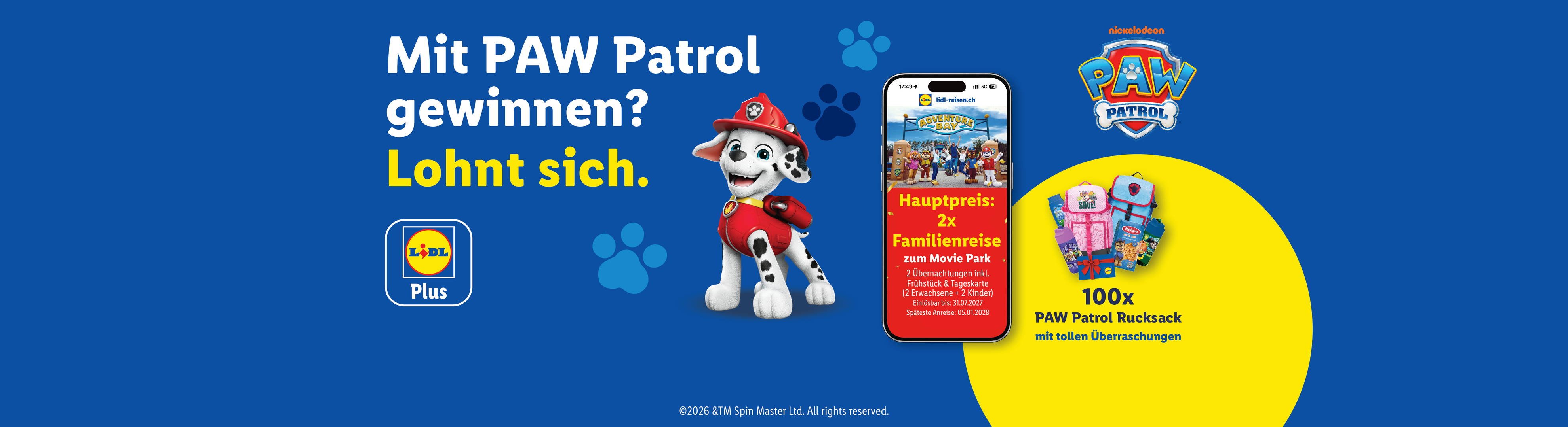 Gewinnspiel mit Familienreisen und Rucksäcken, beworben von einem Dalmatiner-Welpen.