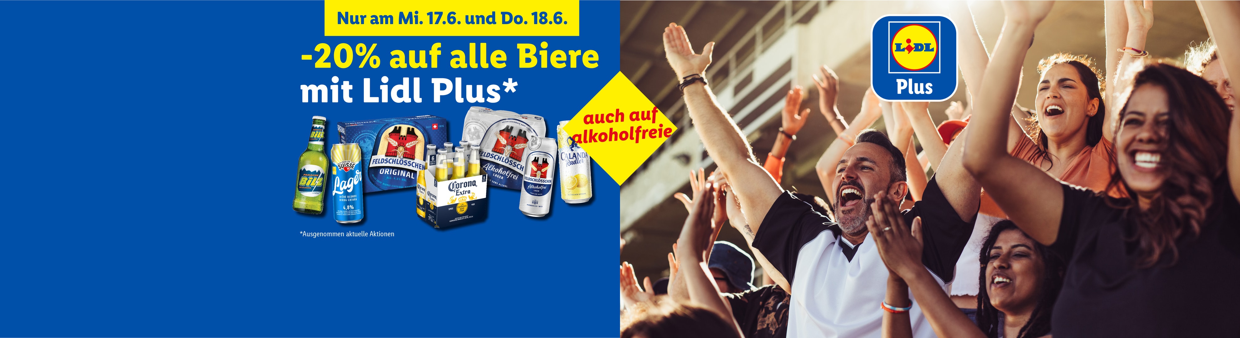 Werbebanner: 20% Rabatt auf alle Biere mit Lidl Plus, auch alkoholfreie, mit jubelnden Menschen.