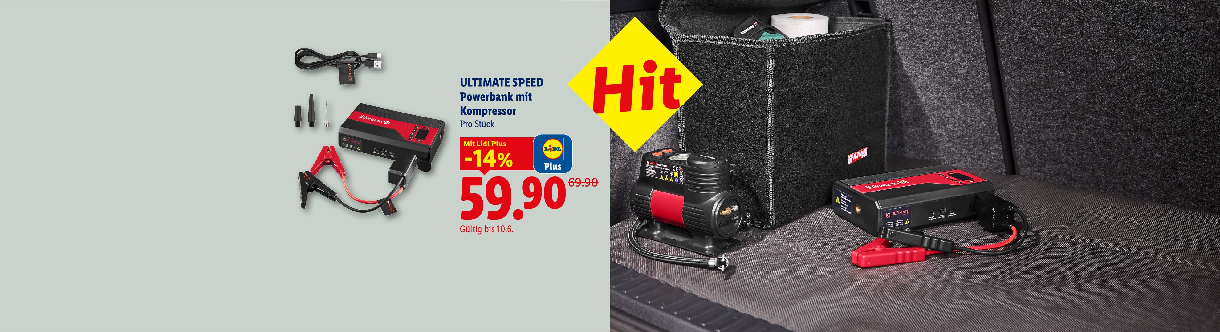 Powerbank mit Kompressor, Zubehör, reduziert auf 59,90 Euro.