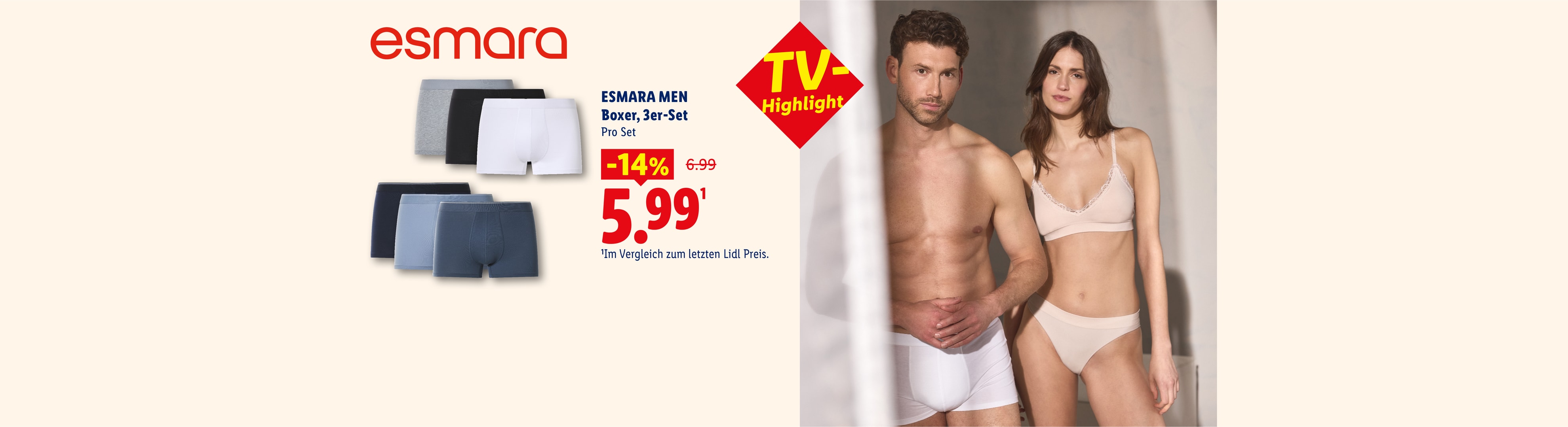 TV- Highlight ESMARA MEN Boxer, 3er-Set Pro Set -14% CHF 5.99 Im Vergleich zum letzten Lidl Preis.