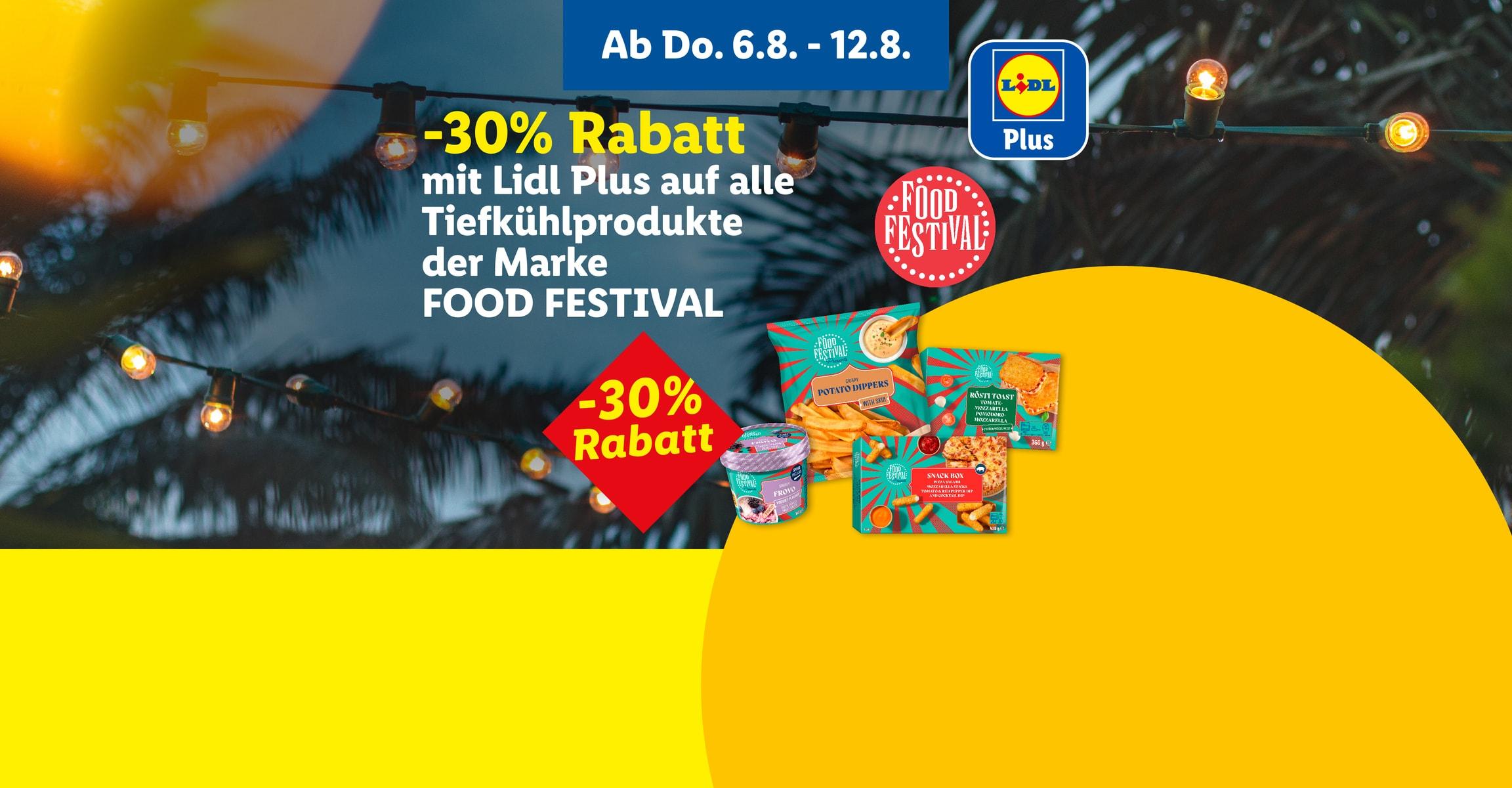 Ab Do. 6.8. - 12.8. -30% Rabatt mit Lidl Plus auf alle Tiefkühlprodukte der Marke FOOD FESTIVAL