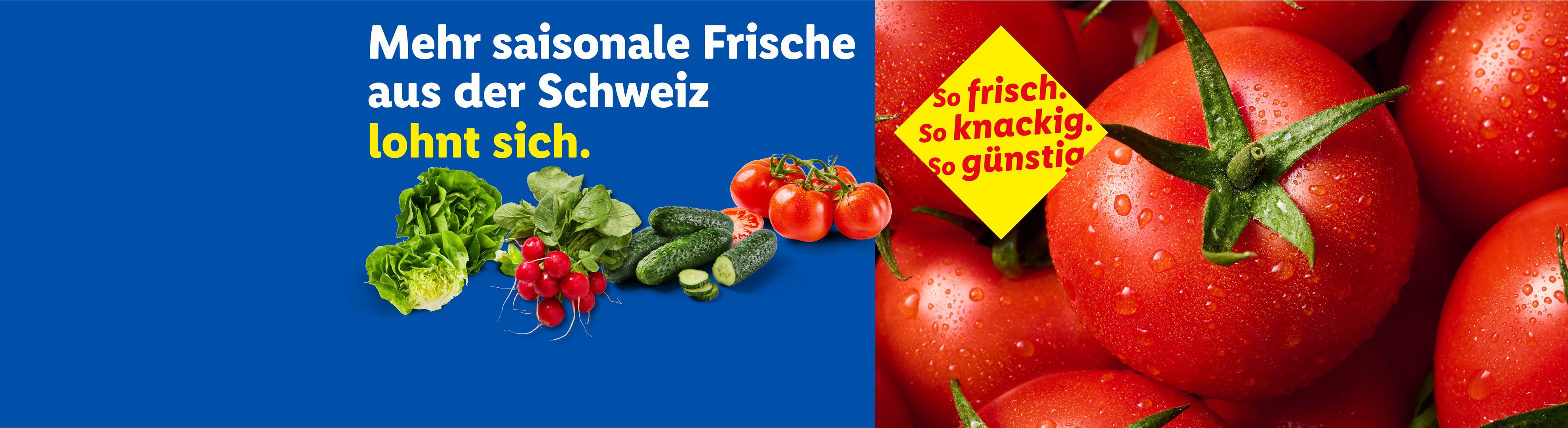 Frisches Gemüse wie Tomaten, Salat, Radieschen und Gurken mit dem Text: 'Mehr saisonale Frische aus der Schweiz lohnt sich. So frisch. So knackig. So günstig.'