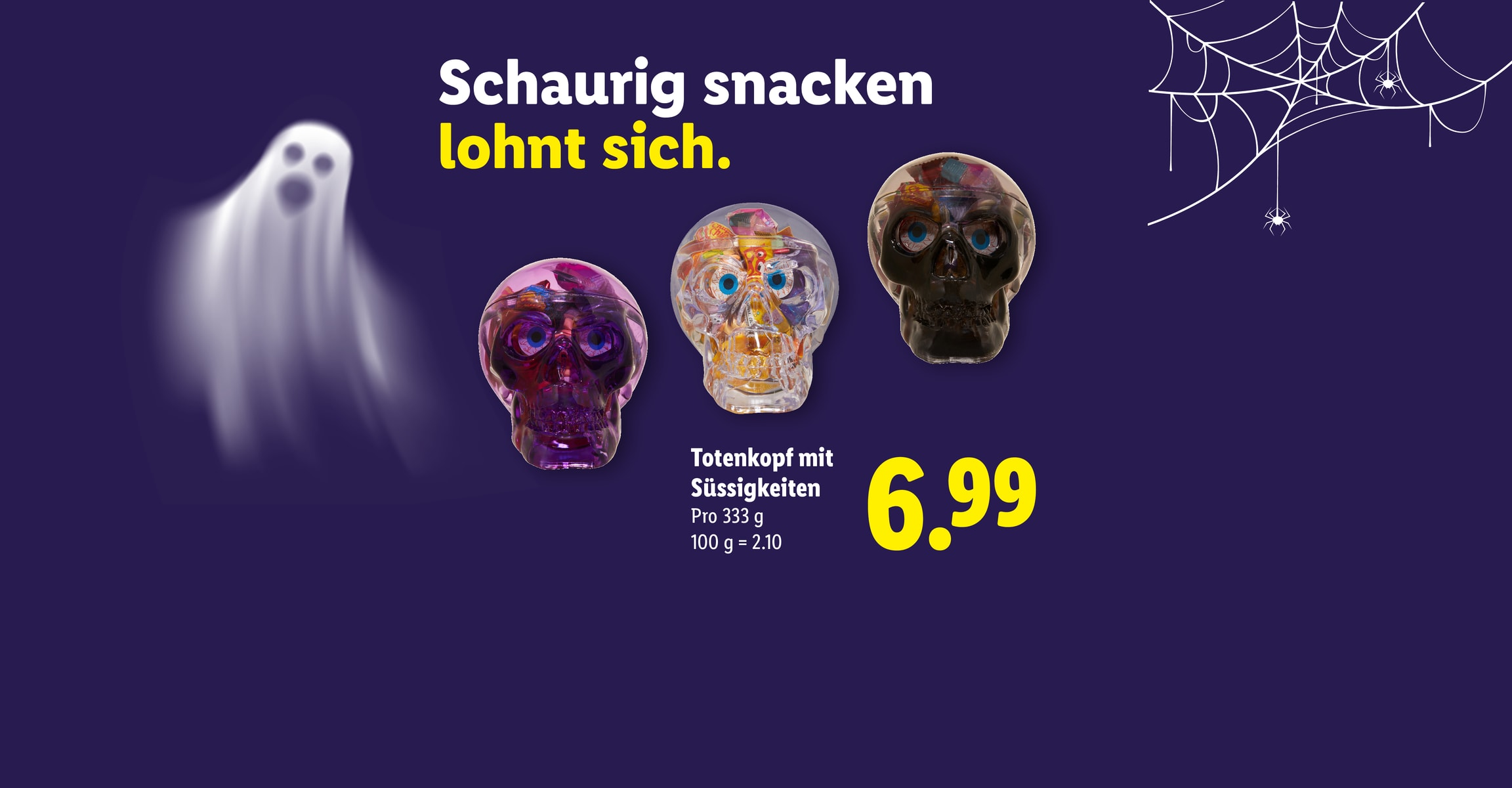 Schaurig snacken lohnt sich. Totenkopf mit Süssigkeiten CHF 6.99 Pro 333 g 100 g = 2.10